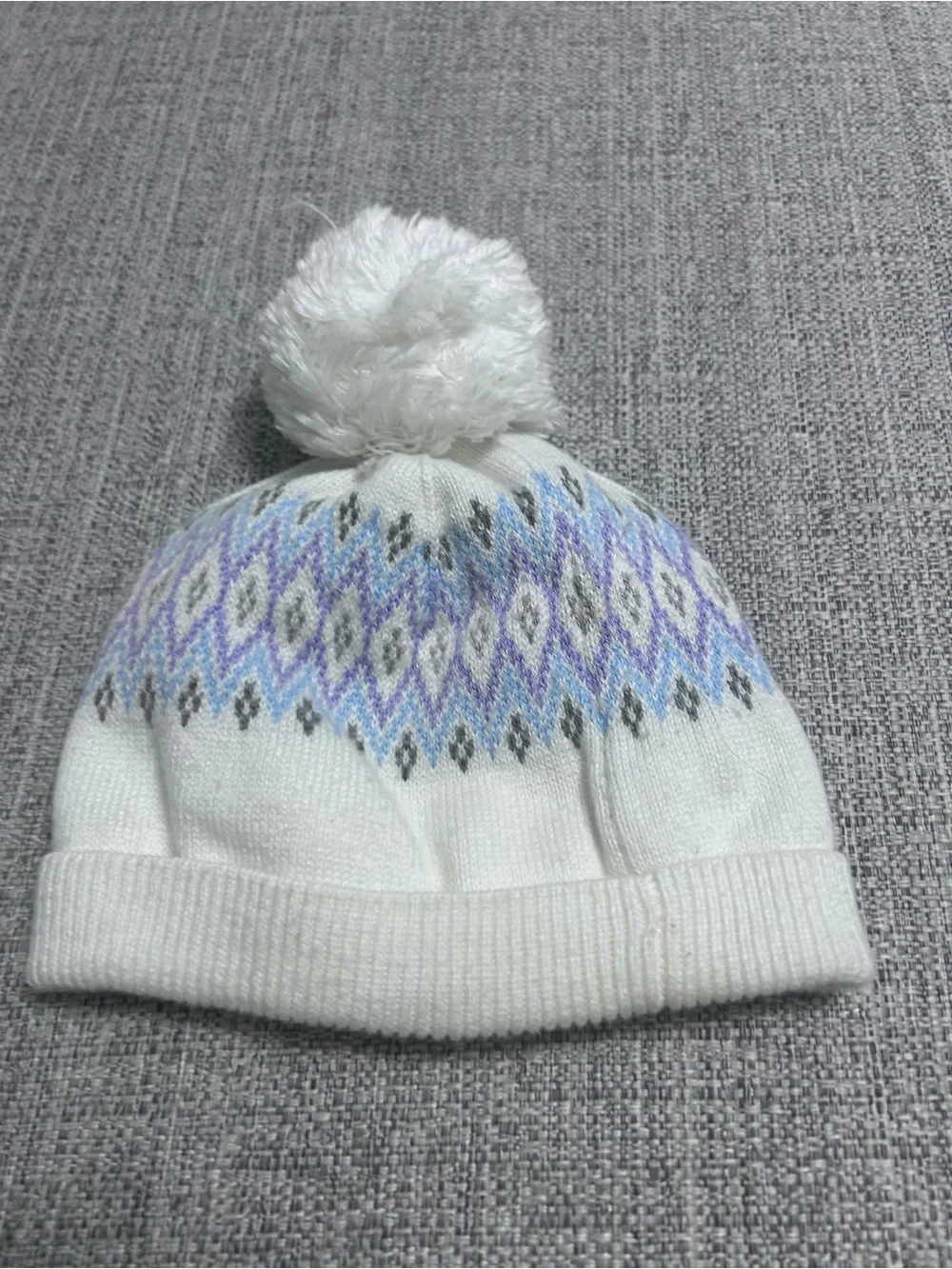 Janie and Jack White Knit Pom Beanie with Purple and Blue Fair Isle. Size 0-3M